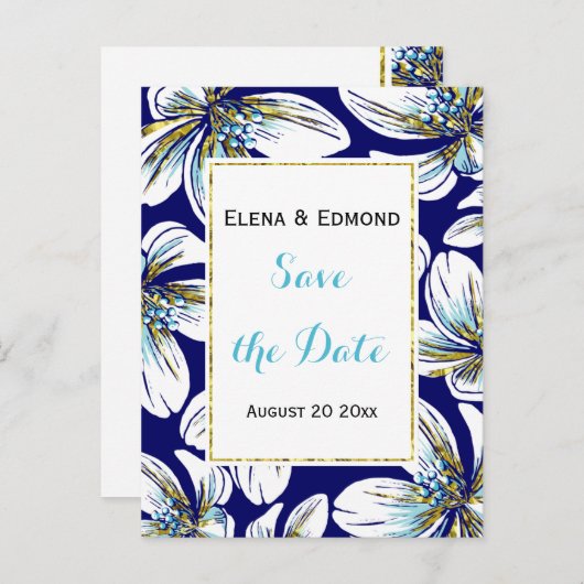 アクア、金ゴールドフォイルフローラネイビーウェディング日付を保存 案内ポストカード (正面/裏面)