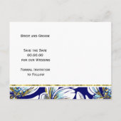 アクア、金ゴールドフォイルフローラネイビーウェディング日付を保存 案内ポストカード (裏面)