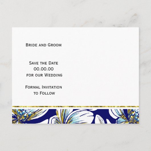 アクア、金ゴールドフォイルフローラネイビーウェディング日付を保存 案内ポストカード (裏面)