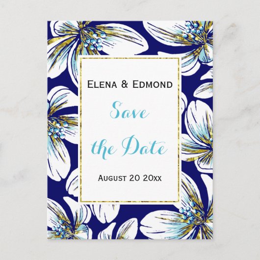 アクア、金ゴールドフォイルフローラネイビーウェディング日付を保存 案内ポストカード (正面)