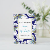 アクア、金ゴールドフォイルフローラネイビーウェディング日付を保存 案内ポストカード (スタンド正面)