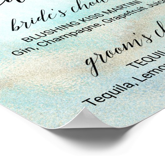 アクア&金ゴールド水彩ビーチシグネチャードリンクサイン ポスター (角)