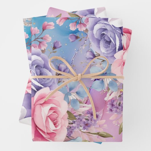アクア&鮮やかピンクウォーターカラーフローラブケッツ ラッピングペーパーシート (インサイチュ)