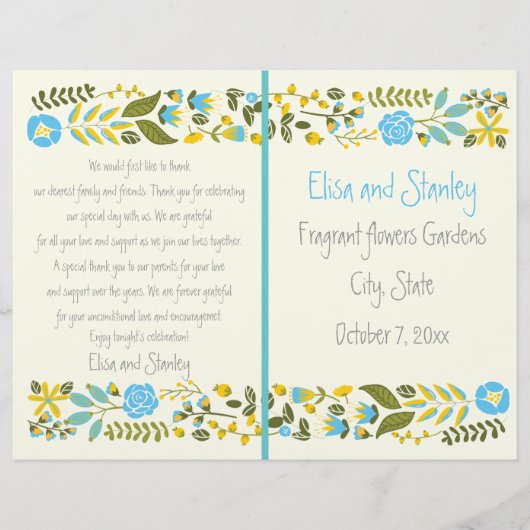 アクア、黄色のフローラ縁どウェディングプログラム (正面)