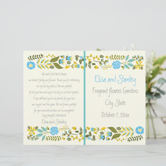 アクア、黄色のフローラ縁どウェディングプログラム (スタンド正面)