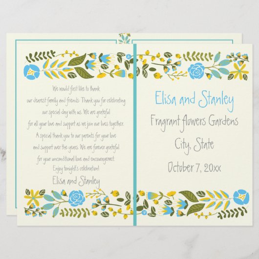 アクア、黄色のフローラ縁どウェディングプログラム (正面/裏面)