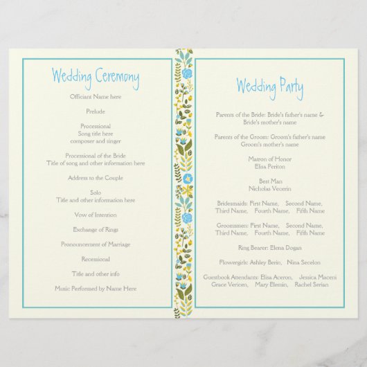 アクア、黄色のフローラ縁どウェディングプログラム (裏面)