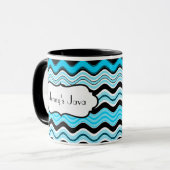 アクア、黒、白の波状の波形ストライプパーソナライズされたマグカップ マグカップ (正面左)