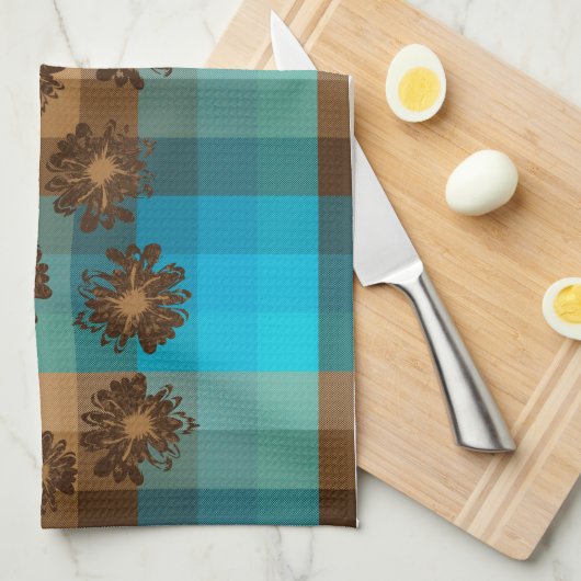 アクエリアスのヴィンテージの格子縞及びサイケデリックな花柄 キッチンタオル (四つ折り)