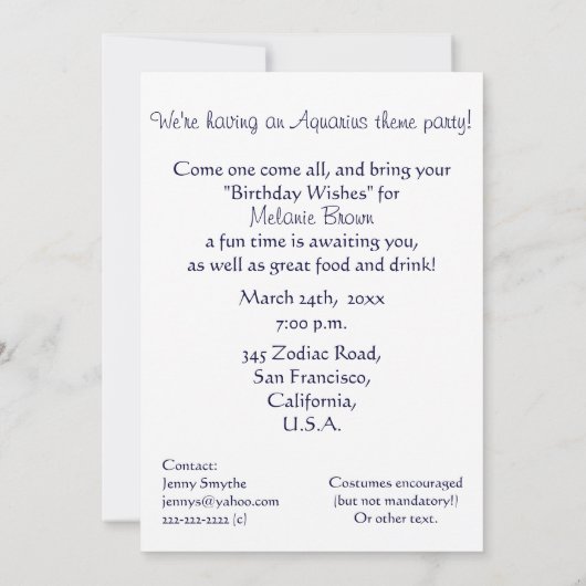 アクエリアスをテーマにした誕生日パーティーの招待状 – 〔占星術の〕十二宮図 招待状 (裏面)