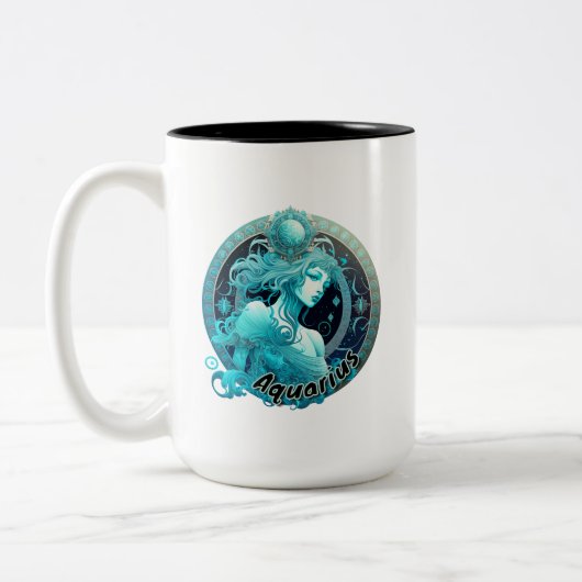 アクエリアスティール(緑がかった色)とブラックウォーター色〔占星術の〕十二宮図 ツートーンマグカップ (左)