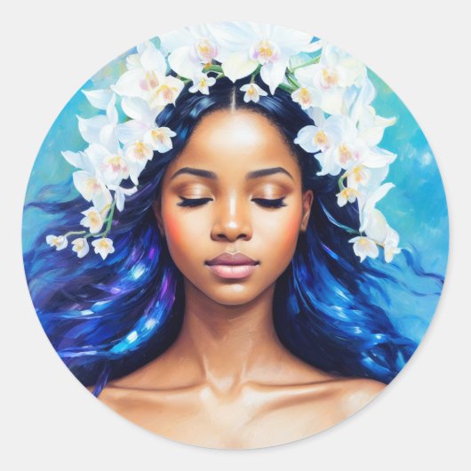 アクエリアスブラックガール〔占星術の〕十二宮図アート ラウンドシール (正面)