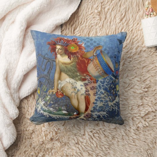 アクエリアス人魚ゴシック様式の青い芸術 クッション (ブランケット)