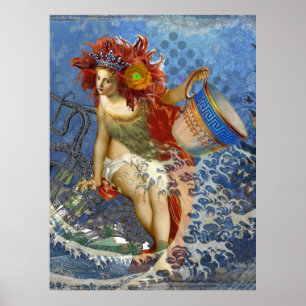 アクエリアス人魚ゴシック様式の青い芸術 ポスター