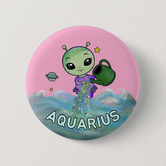 アクエリアス星印の水ベアラ〔占星術の〕十二宮図星 缶バッジ (正面)