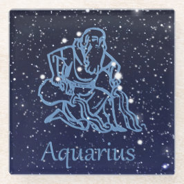 アクエリアス星座と星々をあしらった十二星座のサイン ガラスコースター
