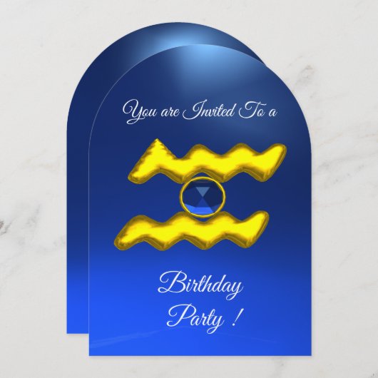 アクエリアス金ゴールドアクアブルー〔占星術の〕十二宮図バースデーパーティー 招待状 (正面/裏面)