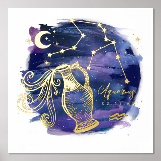 アクエリアス〔占星術の〕十二宮図カスタム誕生日 箔ポスター (正面)