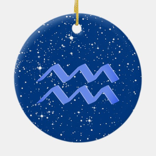 アクエリアス〔占星術の〕十二宮図サインと星オン深いブルーセラ セラミックオーナメント (裏面)