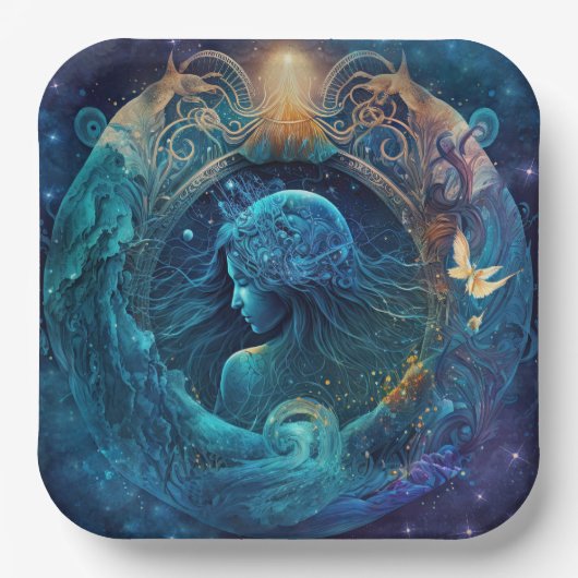 アクエリアス〔占星術の〕十二宮図サインウォーター色デザイン ペーパープレート (正面)