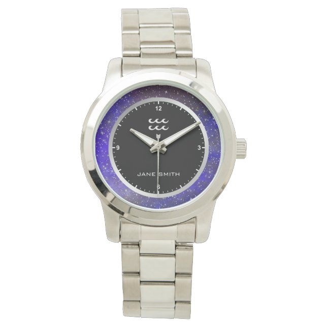 アクエリアス〔占星術の〕十二宮図サインシンボル銀河系スターカスタムズ 腕時計 (正面)