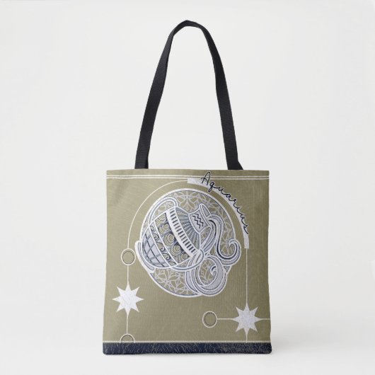 アクエリアス〔占星術の〕十二宮図サインブルーホワイトベージュマンダラ トートバッグ (正面)