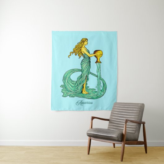 アクエリアス〔占星術の〕十二宮図サイン、流れる水を持つ女性 タペストリー (インサイチュ)