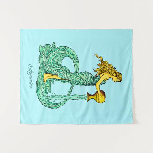 アクエリアス〔占星術の〕十二宮図サイン、流れる水を持つ女性 タペストリー (正面(横))