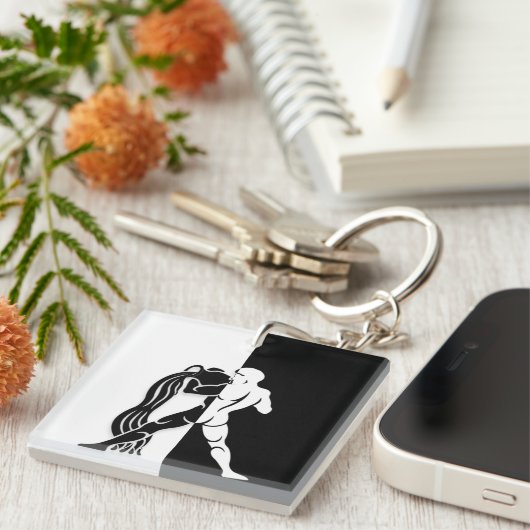 アクエリアス〔占星術の〕十二宮図サイン、白黒キーチェーン キーホルダー (正面右)