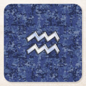 アクエリアス〔占星術の〕十二宮図シンボルのネイビーブルーデジタル迷彩柄 スクエアペーパーコースター (正面)