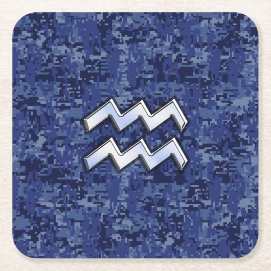 アクエリアス〔占星術の〕十二宮図シンボルのネイビーブルーデジタル迷彩柄 スクエアペーパーコースター (正面)