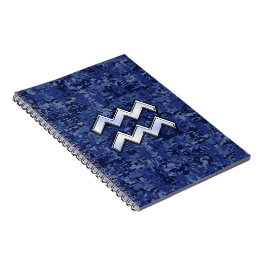 アクエリアス〔占星術の〕十二宮図シンボルの青いデジタル迷彩柄装飾 ノートブック (右側)