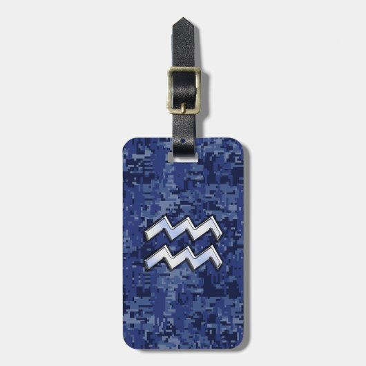 アクエリアス〔占星術の〕十二宮図シンボルの青いデジタル迷彩柄装飾 ラゲッジタグ (正面縦)