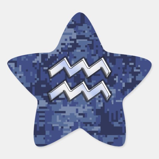 アクエリアス〔占星術の〕十二宮図シンボルの青いデジタル迷彩柄装飾 星シール (正面)