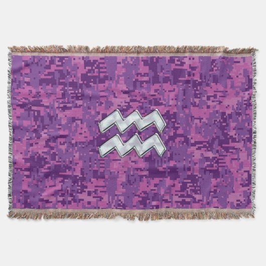 アクエリアス〔占星術の〕十二宮図シンボル明るい赤紫色デジタル迷彩柄 スローブランケット (正面)