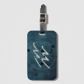 アクエリアス〔占星術の〕十二宮図ブラック&シルバー星座ティール(緑がかった色) ラゲッジタグ (正面縦)