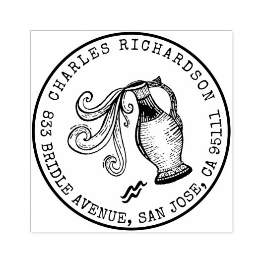 アクエリアス〔占星術の〕十二宮図手描きクレスト |差出人住所 ラバースタンプ (インプリント)