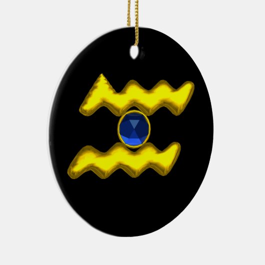 アクエリアス〔占星術の〕十二宮図誕生日ジュエルブルーサファイア金ゴールド セラミックオーナメント (右)