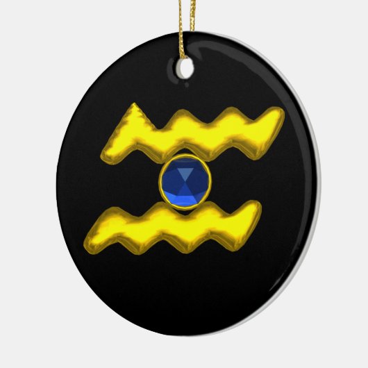 アクエリアス〔占星術の〕十二宮図誕生日ジュエルブルーサファイア金ゴールド セラミックオーナメント (左)