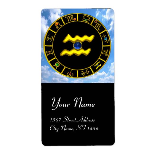 アクエリアス〔占星術の〕十二宮図誕生日ジュエルブルーサファイア金ゴールド ラベル (正面)