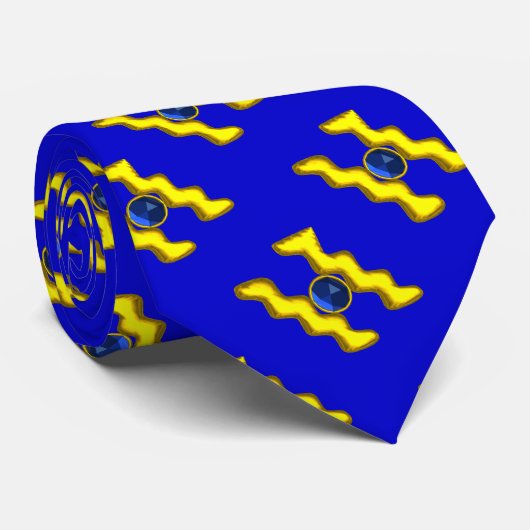 アクエリアス/金ゴールド〔占星術の〕十二宮図誕生日ジュエル、ブルー ネクタイ (ロール)