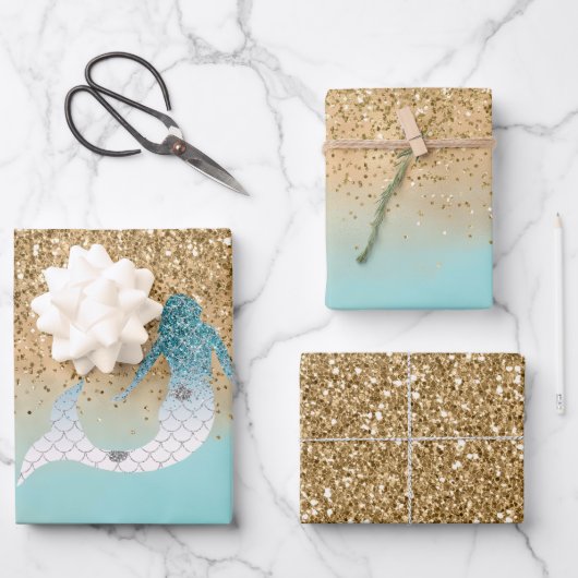 アクガーリーアウォーターカラー金ゴールドグリッターマーメイド    ラッピングペーパーシート (正面)