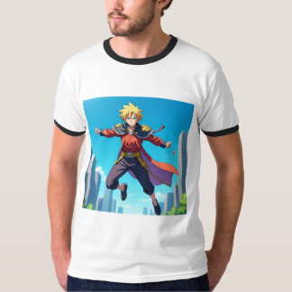 アクション中のブロンドアニメの英雄 - ダイナミックなファンタジーキャラ Tシャツ