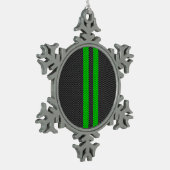 アクセントグリーンカーボンファイバースタイルレーシングストライプ スノーフレークピューターオーナメント (左)