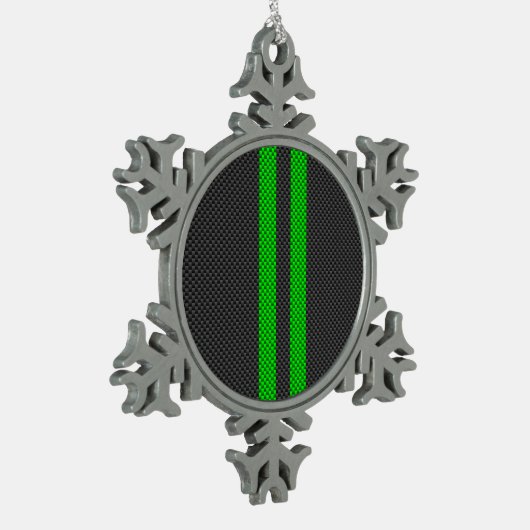 アクセントグリーンカーボンファイバースタイルレーシングストライプ スノーフレークピューターオーナメント (左)