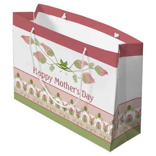 アクセント付きの美しいピンクの緑と白のフローラ ラージペーパーバッグ (裏面アングル)