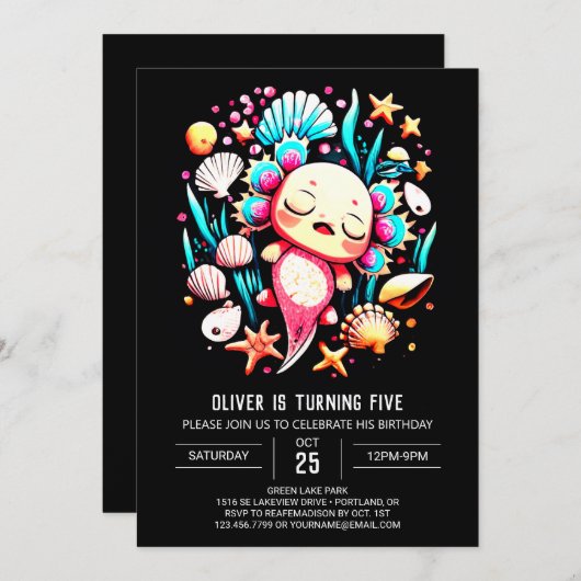 アクソロテモダンル印刷可能誕生日 招待状 (正面/裏面)