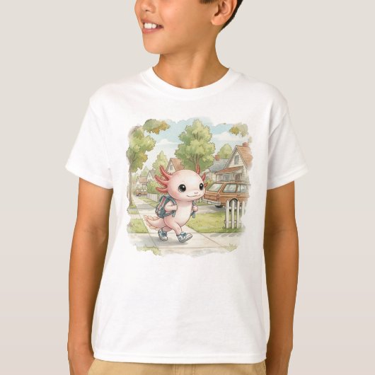 アクソロトルとランドセル – 水彩 子供 Tシャツ (正面)