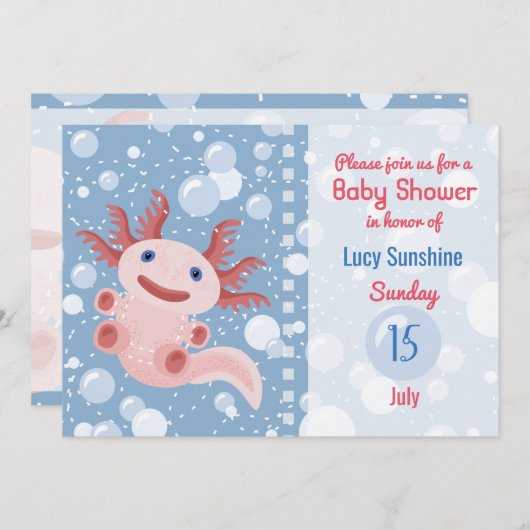 アクソロトルと泡-青い水のベビーシャワー 招待状 (正面/裏面)
