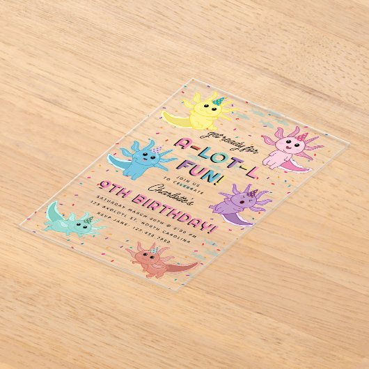 アクソロトルキッズキュートサラマンダーバースデーパーティー アクリル招待状 (レイダウン)